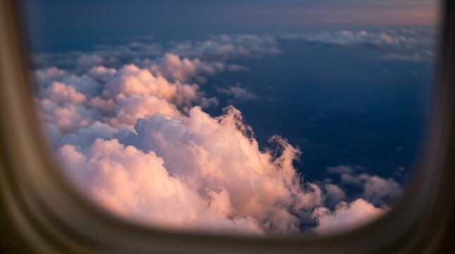 Aerial View of Fluffy White Cumulus Clouds from Airplane Window over Clear Blue Sky Background