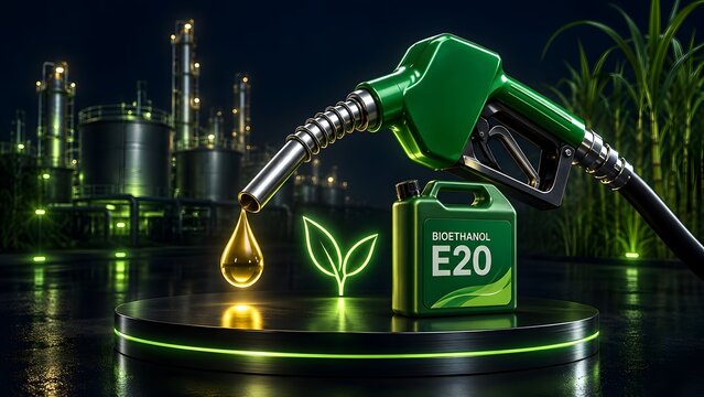 Bioethanol E20 Green Fuel Pump Nozzle Dripping Golden Oil with Sugarcane and Refinery Background