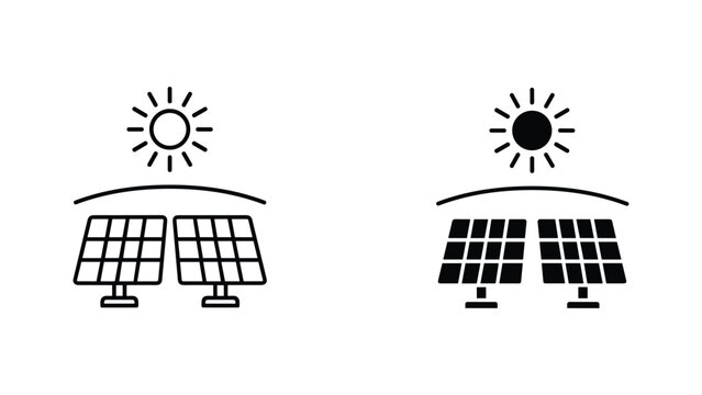 Solar panels under sun icons representing sustainable energy and renewable power in simple vector style