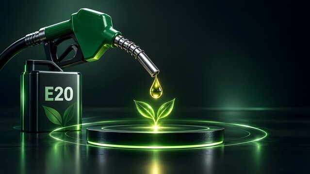 Eco Friendly E20 Biofuel Pump Dripping Golden Oil on Glowing Green Sprout over Dark Background