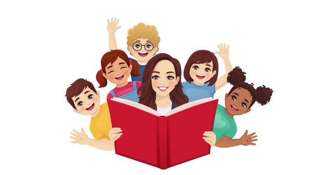 Cheerful teacher reading a book as happy children peek out from behind, waving and laughing. Fun classroom education animation on a white background