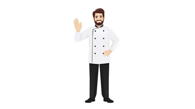 Friendly cartoon chef waving in greeting. Full body cook character for restaurant, food, cooking, hospitality and food service concepts. Seamless loop animation on a white background