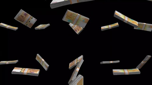 Comoros Money, Comorian Franc Banknotes Falling On Black Background, KMF Currency Stacks Dark Cinematic, 4K