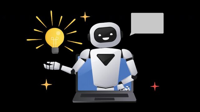 AI robot emerging from a laptop, smiling and pointing at a glowing light bulb. Artificial intelligence, innovation, technology and creative ideas. Transparent background with alpha channel 