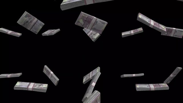 Botswana Money, Botswana Pula Banknotes Falling On Black Background, BWP Currency Stacks Dark Cinematic, 4K