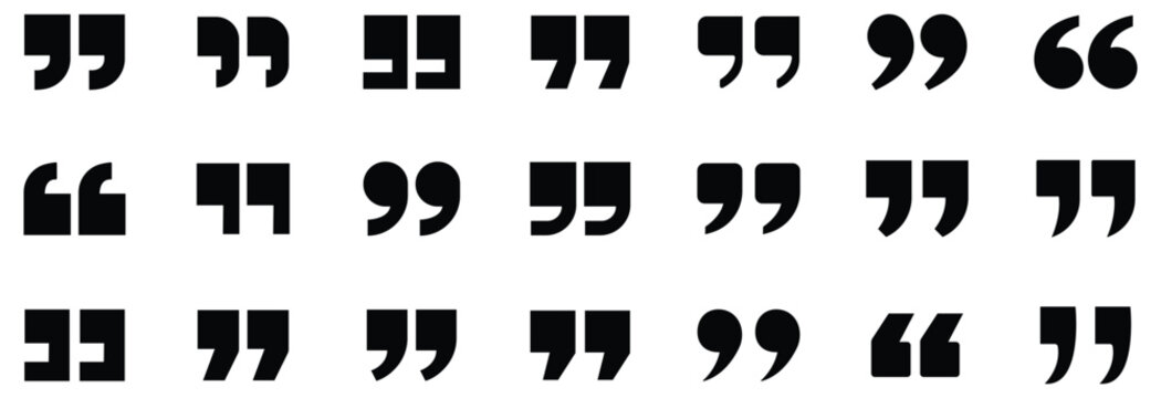 quotation marks black silhouette icons set featuring various styles of speech bubbles commas punctuation accents and typographical brackets for blockquotes and citations