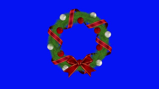 3D Animated Christmas Wreath with Red Ribbon and Ornaments on Blue Screen