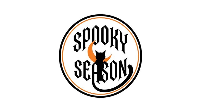 Spooky Season Halloween Emblem with Black Cat and Crescent Moon Illustration
