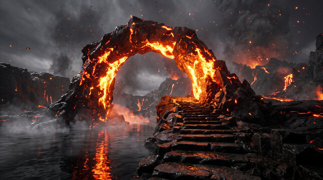 a dark fantasy landscape featuring a glowing, molten lava archway over stone stairs leading to water, under a stormy, ember-filled sky