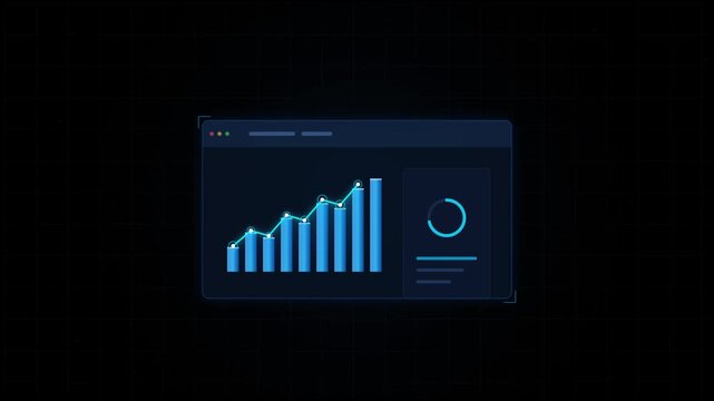 Clean futuristic animation of a glowing rising bar graph with circular metrics on a dark digital interface.