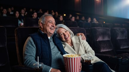 Fototapeta na wymiar Happy senior couple laughing in a movie theater with popcorn, sharing a joyful date night and romantic togetherness for senior lifestyle marketing and cinema entertainment.