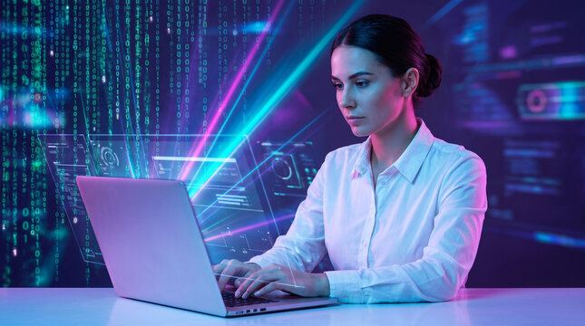 Focused woman programmer working on laptop surrounded by glowing digital code HUD overlays.