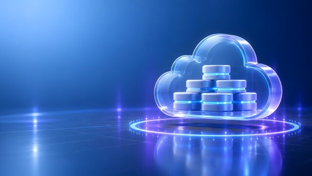 Glowing cloud computing symbol containing data server racks representing modern digital hosting and secure network storage.