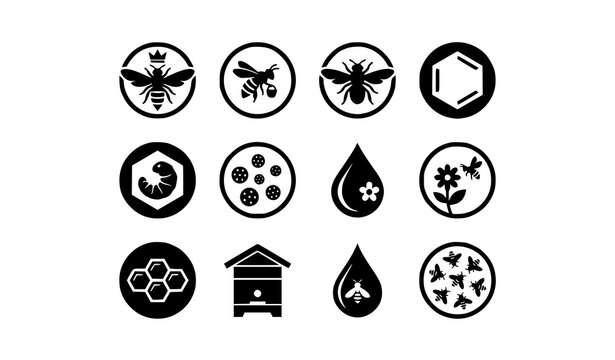 Honeybee colony icon set featuring queen bee, worker, drone, honeycomb, nectar, pollen and natural beekeeping symbols