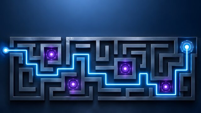 Glowing blue neon line finding the correct path through a complex metallic maze representing business problem solving.