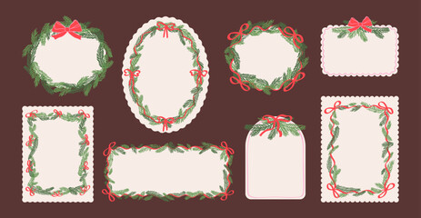 Obraz premium Vintage frames set of Merry Christmas and Happy New Year. Retro template illustrations with gift bows, ribbons, Christmas tree branches. Hand drawn design background for card, invitation, flyer
