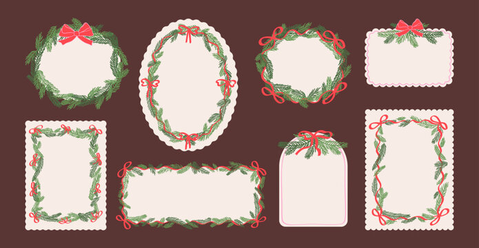 Vintage frames set of Merry Christmas and Happy New Year. Retro template illustrations with gift bows, ribbons, Christmas tree branches. Hand drawn design background for card, invitation, flyer