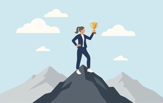 Businesswoman holding a golden trophy at the peak of a mountain. Flat vector illustration representing corporate victory, career success, leadership, achievement, goal accomplishment, and ambition.