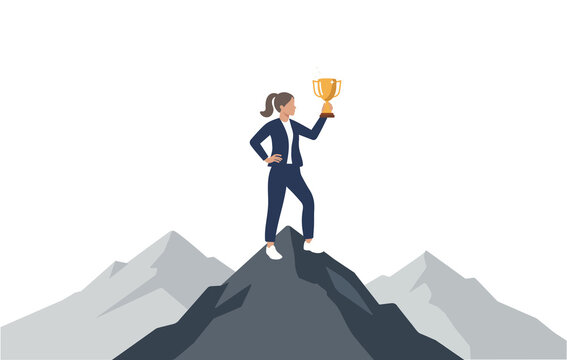 Businesswoman holding a golden trophy at the peak of a mountain. Flat vector illustration representing corporate victory, career success, leadership, achievement, goal accomplishment, and ambition.