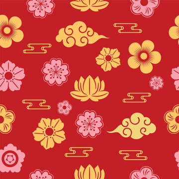 Chinese New Year seamless pattern with blooming plum blossom, lotus flowers, and clouds on red background. Asian lunar new year illustration.