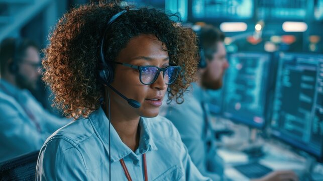 Black female call center agent wearing headset and glasses, working in high-tech customer support dispatch monitoring room.