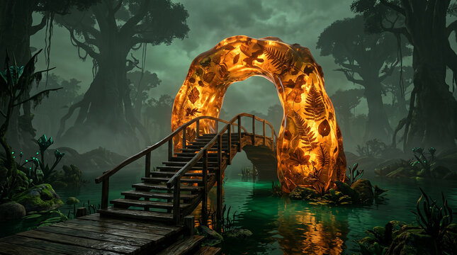 a fantasy scene with a glowing, amber-lit archway resembling a portal or sculpture embedded with leaf and fern patterns, standing over a wooden bridge and steps that cross a misty green stream in a da