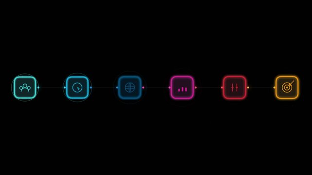 Abstract business infographics with neon icons glowing on dark background showcasing sequential project management phases and workflow.