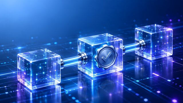 Glowing digital blockchain cubes with a metallic checkmark seal representing secure data verification and encrypted smart contract technology.
