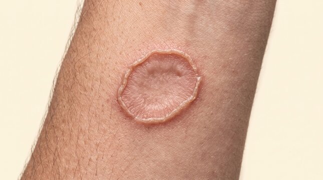 Close up of tinea corporis or ringworm fungal infection on human arm showing red scaly ring.