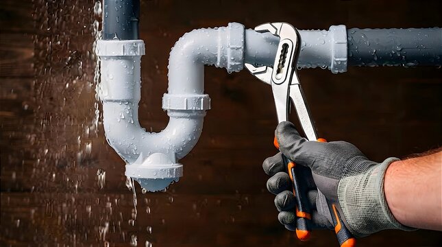 Gloved plumber fixing a leaking plastic sink drain pipe with adjustable pliers under spraying water and wooden background, ideal for emergency plumbing repair and maintenance services.