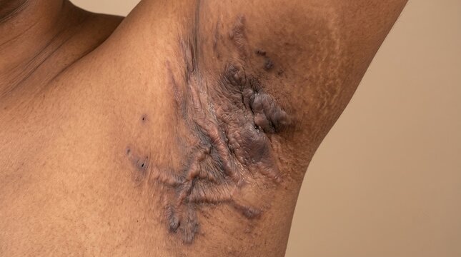 Close up of hidradenitis suppurativa in male armpit, showing severe scarring, nodules and sinus tracts.