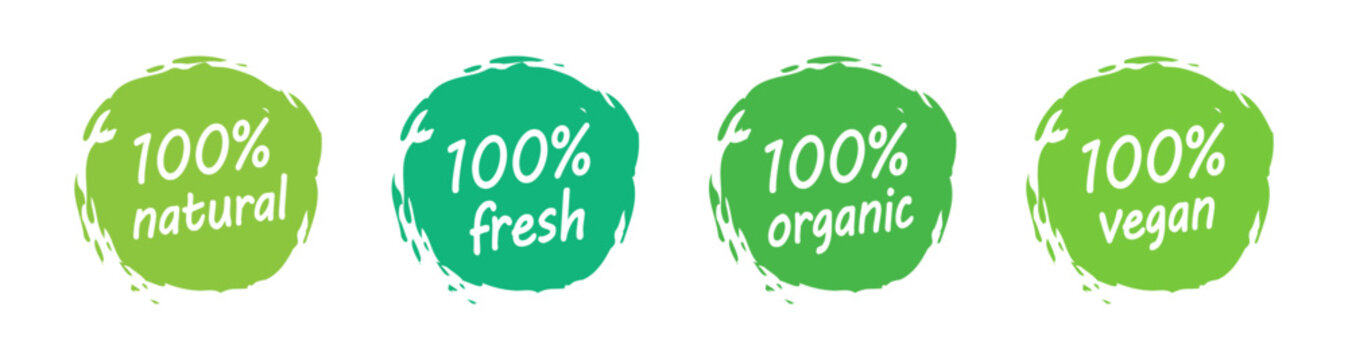 100% Natural label set. Green badges for organic, natural, fresh and vegan food. Transparent PNG and vector