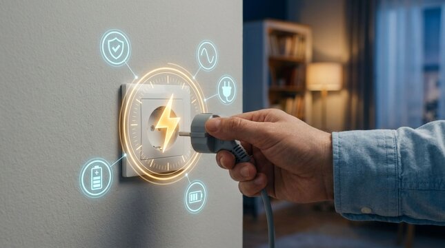 Man plugging power cable into wall socket with glowing digital interface for energy management