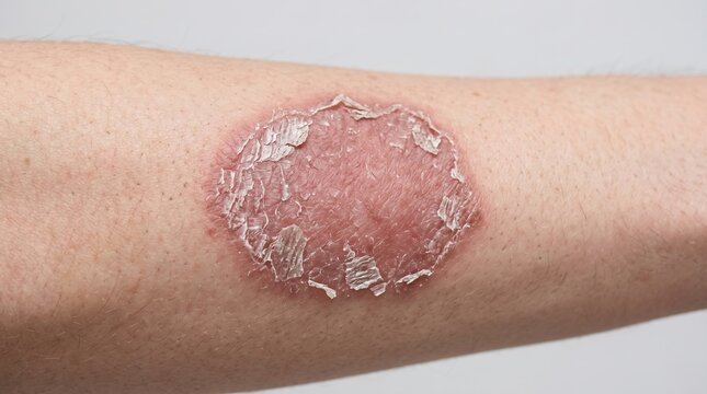 Macro close up of ringworm tinea corporis or discoid eczema on human arm, fungal infection and scaly skin lesion