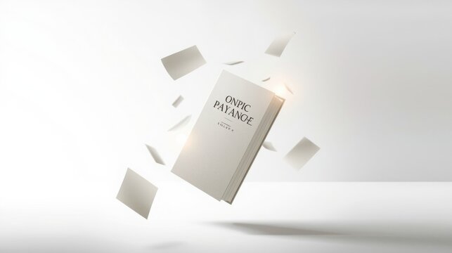 Floating hardcover book with glowing light and flying paper sheets on white background.