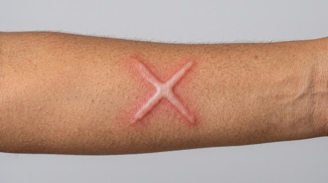 Close up of a cross shaped hypertrophic scar, keloid or scarification mark on human arm.
