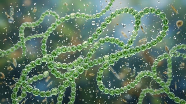 Green bacteria cells floating in a dark liquid environment representing a microscopic viral infection or biological scientific study