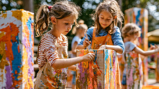 children painting giant cardboard sculptures together in a sunny outdoor creative camp, vibrant washable colors, authentic teamwork, premium educational lifestyle