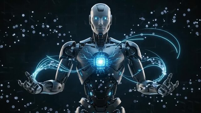 Futuristic humanoid robot with glowing neural network core and digital energy
