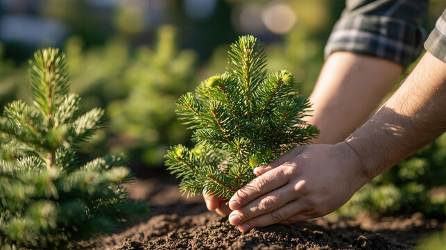 Close-up of man planting small green pine tree sapling in soil outdoors
