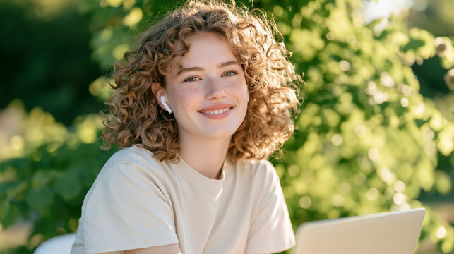 Young woman with curly hair smiling outdoors using laptop in sunlight
