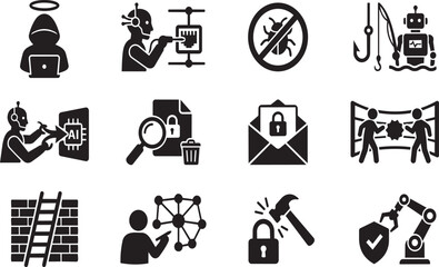 Obraz premium Collection of black and white flat depicting cybersecurity, network protection, artificial intelligence, and digital safety concepts
