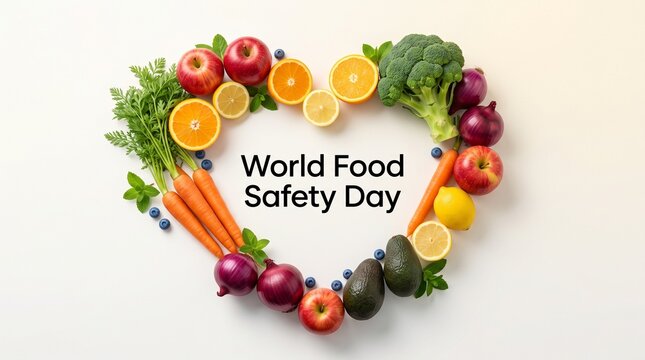 World Food Safety Day concept, heart shape made of fresh organic vegetables and fruits, healthy nutrition and wellness banner