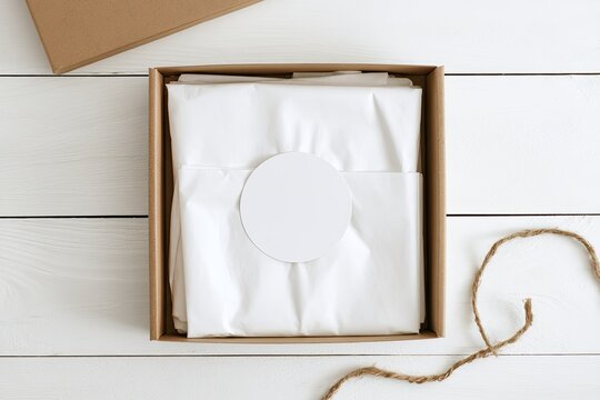 Open box with white tissue paper, round sticker, and twine on white wood