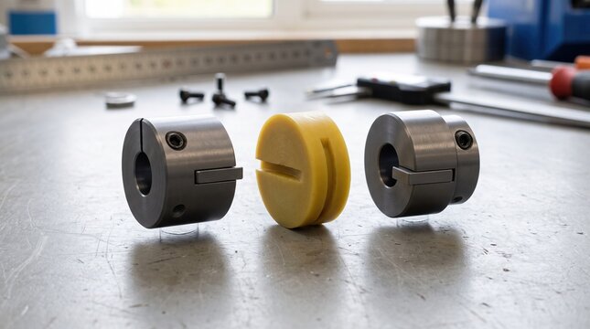 Exploded Oldham Shaft Coupling with Polymer Center Disc on Workbench
