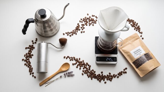 Professional pour over coffee brewing set, manual coffee grinder and gooseneck kettle on white background, specialty coffee equipment