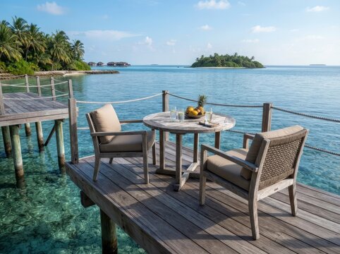 A wooden table set with fresh tropical fruit and drinks on a sun-drenched outdoor deck overlooking a calm turquoise ocean with palm-covered islands in the distance.