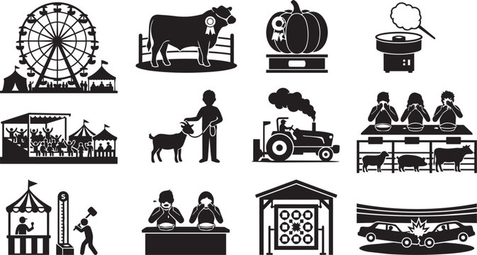 County fair and agricultural exhibition featuring ferris wheels, livestock judging, tractor carnival games, and food competitions