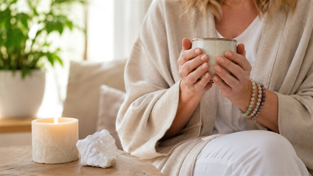 woman holding ceramic cup of tea in cozy living room with lit candle and crystal stone on wooden table. Relaxation, self care and mindfulness concept