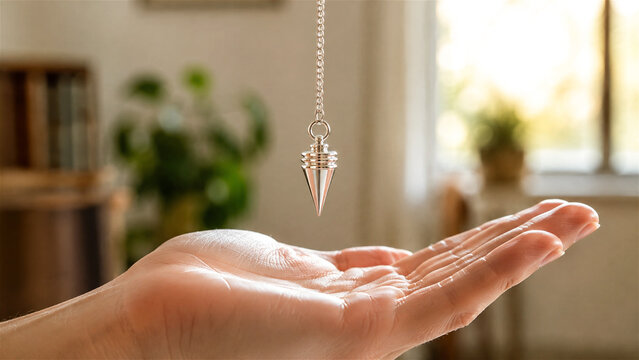 silver pendulum hanging over open palm of hand in cozy home interior. Dowsing and divination tool for spiritual practice, hypnosis and energy healing